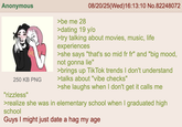 Anonymous DAD 250 KB PNG "rizzless" >be me 28 08/20/25(Wed)16:13:10 No.82248072 >dating 19 y/o >try talking about movies, music, life experiences >she says "that's so mid fr fr" and "big mood, not gonna lie" >brings up Tik Tok trends I don't understand >talks about "vibe checks" >she laughs when I don't get it calls me >realize she was in elementary school when I graduated high school Guys I might just date a hag my age