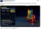 A tweet sharing a "First look at the suit selection in LEGO Batman: Legacy of the Dark Knight." The screenshot shows the rainbow batsuit.