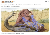 X user @sublimeriot tweeted a paleo illustration of a dinosaur zapping another dinosaur with blue electricity, writing, "me: what could i have done in my past to deserve this karma / me during the mesozoic era." The post gathered over 30,000 likes in a day.