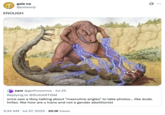 X user @poisonjr tweeted the illustration of a dinosaur zapping another dinosaur with blue lightning, writing, "ENOUGH" in response to a tweet that read, "once saw a tboy talking about "masculine angles" to take photos... like dude. lmfao. like how are u trans and not a gender abolitionist."