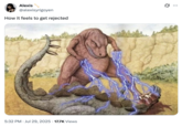 X user @alexisyrigoyen tweeted, "how it feels to get rejected" alongside an image of a dinosaur zapping another dinosaur with blue lightening. 