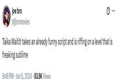 A Twitter user sharing the Taika Waititi copypasta. The post reads, "Taika Waititi takes an already funny script and is riffing on a level that is freaking sublime."