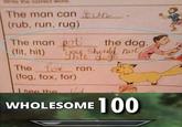Write the correct word The man can un (rub, run, rug) The man pot pet (fit, hit) the dog. "you should not Thit dogs The fox ran. (fog, fox, for) Isee the WHOLESOME 100
