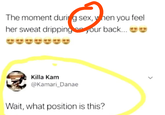 The moment during sex, when you feel her sweat dripping on your back... 633336S Killa Kam @Kamari_Danae Wait, what position is this? L