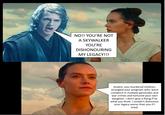 NO!! YOU'RE NOT A SKYWALKER YOU'RE DISHONOURING MY LEGACY!!! Anakin, you murdered children, strangled your pregnant wife, were complicit in multiple genocides and war crimes and tortured your own daughter. I don't give a flying f*ck what you think. I couldn't dishonour your legacy worse than you if I tried.
