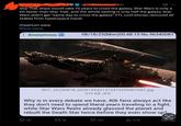 GHM 3h 0 Star Trek ships would take 75 years to cross the galaxy. Star Wars is only a bit faster than Star Trek, and the whole setting is only half the galaxy. Star Wars didn't get "same day to cross the galaxy" FTL until Disney removed all stakes from hyperspace travel. Imperium warp Show more Anonymous 08/18/25(Mon)00:48:15 No.96340081 RDT 20250818_0039193431473479299401967.jpg 319 KB JPG Why is in every debate we have, 40k fans always act like they don't need to spend literal years traveling to a fight, while Star Wars fleets already glassed the planet and rebuilt the Death Star twice before they even show up? 34 1718 313 3.7K