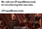 Me: calls out r/PrequelMemes mods for not enforcing their own rules. r/PrequelMemes mods: Hey! She can't do that. Shoot her or something.