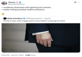A "quote-tweet":https://knowyourmeme.com/memes/quote-retweets-qrts joking about "Donald Trump":https://knowyourmeme.com/memes/people/donald-trump and the makeup/bruising on his hand, which caused speculation about his impending death.