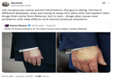 A "quote-tweet":https://knowyourmeme.com/memes/quote-retweets-qrts joking about "Donald Trump":https://knowyourmeme.com/memes/people/donald-trump and the makeup/bruising on his hand, which caused speculation about his impending death.