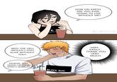 A piece of Bleach fan art. The meme is about speech bubbles getting mixed up.