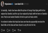 A post by Jessie Woo. The post reads, "So basically… Huda’s fans have edited the picture of George Floyd dying with his face replaced by Olandria’s and the cop’s face replaced by Huda’s with her knee on Olandria’s neck. They’ve also hacked Olandria’s tik tok to push out Huda content.
I’m inclined to believe that Huda fans have seen how she purposefully terrorized the black folks on the show and have chosen to carry the torch for her."
