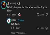 Mady. What's the plan for him after you finish your film? 8-2 Reply 1,588 CITRA • Creator Let it out. 8-2 Reply 1,885 View 798 replies ▾