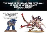 THE WORST THING ABOUT BETRAYAL IS THAT IT NEVER COMES FROM AN ENEMY. @TheMotivationFather Why did you invade our sector and consume all its biomass?? I thought we were friends!