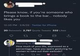 Please know, if you're someone who brings a book to the bar... nobody likes you 12:05 PM 2/6/22 Twitter for iPhone 20 Retweets 2,787 Quote Tweets 332 Likes 27 16h Replying to @ How much of your life, expressed as a percentage, have you spent gesturing for women to take out their earbuds? 86 1183 4,744