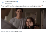 A "tweet":https://knowyourmeme.com/memes/sites/twitter-x and "meme":https://knowyourmeme.com/memes/memes using the "Your English Teacher and Your Gym Teacher Are Getting Married" caption from "Taylor Swift":https://knowyourmeme.com/memes/people/taylor-swift and "Travis Kelce's":https://knowyourmeme.com/search?context=&sort=&q=Travis+Kelce engagement announcement post on "Instagram":https://knowyourmeme.com/memes/sites/instagram in late August 2025.
