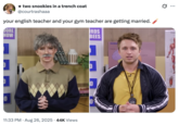 A "tweet":https://knowyourmeme.com/memes/sites/twitter-x and "meme":https://knowyourmeme.com/memes/memes using the "Your English Teacher and Your Gym Teacher Are Getting Married" caption from "Taylor Swift":https://knowyourmeme.com/memes/people/taylor-swift and "Travis Kelce's":https://knowyourmeme.com/search?context=&sort=&q=Travis+Kelce engagement announcement post on "Instagram":https://knowyourmeme.com/memes/sites/instagram in late August 2025.