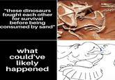 "these dinosaurs fought each other for survival before being consumed by sand" what could've likely happened
