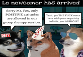 Le newcomer has arrived Sorry Mr. Fox, only POSITIVE attitudes are allowed in our group therapy session. Yeah, get THE F--- outta here with your negativity b-------, you A------! OBEY SHAMW