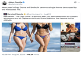 X user @adamcarolla posted about the Burning Man Festival "O--- Dome" getting blown away by a sandstorm in late August 2025. The tweet read, "Next year’s O--- Dome will be built before a single home destroyed by the Palisades fire."