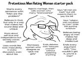Pretentious Man Hating Woman starter pack Starts every sentence with "Men are the problem" Believes in God, but only in a way that makes her sound deep and unique Posts about self-love and independence but secretly craves validation Rejects marriage, then calls women who marry "brainwashed" Uses words like Dismisses toxic masculinity women who disagree as Ends debates with "educate yourself" Says "all men are trash" but still expects them to pay the bill Says "religion was corrupted by men" while still quoting scripture Believes being angry at men makes her deep and intellectual Ends every argument with "You in every discussion, even about tea "pick-me girls" without wouldn't get explaining it, you're a anything man"