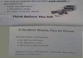 • The cost to operate this printer each month is equivalent to: - 4,000 Taco Bell tacos - 1,084 gallons of gas - 42 tickets to Disney World Think Before You Ink A Student Wants You to Know: With my tuition I could pay for .41, 460 Taco Bell tacos • 10, 365 gallons of gas • 465 tickets to Disney World With this, times 5,200 students, I should be able to print whatever the hell I want.