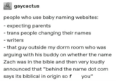 gaycactus people who use baby naming websites: - expecting parents - trans people changing their names - writers - that guy outside my dorm room who was arguing with his buddy on whether the name Zach was in the bible and then very loudly announced that "behind the name dot com says its biblical in origin so f you"