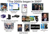 "The 2000s began in 2001" start Administrator фама iPod Music Videos Photos Podcasts Extras Settings Shuffle Songs Now Playing FILLER DAY & AGE MENU 9/11 ofc. Windows XP launches. The 6th generation of consoles take over at this point. 144 114 > The iPod releases. MACIC BEGIN IN THEATER NOVEMBER 16 ORDRINGS Boy bands decline in popularity. MYERS MURPHY DIAZ LITHGOW S SHREK FURIOUS Pop-punk music takes over. ↑ Various 2000s-defining film franchises come out. [adult swim] Bush becomes president. nickelodeon 24 Adult Swim launches. 2K1 fashion starts to replace Y2K fashion. Many 2000s- defining shows first air.