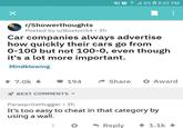ll 8% 8:02 PM r/Showerthoughts Posted by u/Boston 54.3h Car companies always advertise how quickly their cars go from 0-100 but not 100-0, even though it's a lot more important. Mindblowing ↑ 7.0k -> 194 Share ✰ Award BEST COMMENTS ▾ ParaspriteHugger • 2h It's too easy to cheat in that category by using a wall. Reply 1.1k+