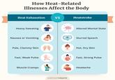 How Heat-Related Illnesses Affect the Body Heat Exhaustion VS Heatstroke Heavy Sweating Nausea or vomiting Altered Mental State Slurred Speech Pale, Clammy Skin Hot, Dry Skin Fast, Weak Pulse Fast, Strong Pulse Muscle Cramps EVERYDAY HEALTH Headache