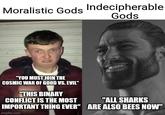 Moralistic Gods Indecipherable Gods "YOU MUST JOIN THE COSMIC WAR OF GOOD VS. EVIL" "THIS BINARY CONFLICT IS THE MOST "ALL SHARKS IMPORTANT THING EVER" ARE ALSO BEES NOW" imgflip.com