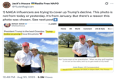X user @FluteMagician tweeted, "1) MAGA influencers are trying to cover up Trump’s decline. This photo is not from today or yesterday. It’s from January. But there’s a reason this photo was chosen."