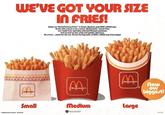 WE'VE GOT YOUR SIZE IN FRIES! Enjoy our World Famous Fries" in Small, Medium and NEW LARGE size. Great with a meal or as a snack, McDonald's french fries are made from specially selected Russett potatoes and served up hot, crisp and golden delicious. So c'mon... reach for the fun. Go for the big taste of NEW LARGE size fries today! mmmmmmmm m m m m m n mmmmmmmmmmm mmm mmmmmmmm mm mm mm McDonald McDonald's McDonald's Που Our biggest! Small Medium large