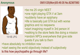 Anonymous 19 KB JPG 09/01/25(Mon)05:49:35 No.82367060 >be me 25 virgin NEET >one night playing GTA V at 3am >suddenly have an epiphany >life is basically just GTA but with worse graphics and no respawns >start imagining myself in 3rd person irl >walking to the store feels like doing a mission >random NPCs everywhere that give side quests if you talk to them >have absolutely no inhibition now >start seeing the world objectively instead of subjectively Is this how psychopaths go through life?