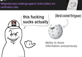 Wikipedia loses challenge against Online Safety Act verification rules WIKIPEDIA Re Free Enc INGSOC (literal coolest thing ever) this f------ sucks actually Ω 維 ウィ W И u/realquidos Ability to share information anonymously