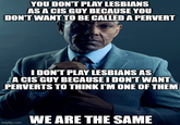 YOU DON'T PLAY LESBIANS AS A CIS GUY BECAUSE YOU DON'T WANT TO BE CALLED A PERVERT I DON'T PLAY LESBIANS AS A CIS GUY BECAUSE I DON'T WANT PERVERTS TO THINK I'M ONE OF THEM imgflip.com WE ARE THE SAME