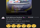 CYBERPUNK EDGERUNNERS REBECCA AIR JORDAN 1 DESIGNED BY MR. SIMPLY CUSTOM Our customs are crafted solely out of admiration and tribute to certain themes we are not affiliated with any brand and has no intention to harm any brand 2nd delicous femboy ... Ok id hit the jordans Especially if LeBron wore them With his sweaty grippers RUNE 9:18 PM