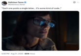 A "tweet":https://knowyourmeme.com/memes/sites/twitter-x using the image of Jessica Chastain looking at a computer from the upcoming Apple TV+ show _The Savant_.
