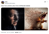 A "tweet":https://knowyourmeme.com/memes/sites/twitter-x using the Disintegrating Squirrel image, which is a seemingly "AI-generated image":https://knowyourmeme.com/memes/cultures/ai-art of a squirrel screaming and disintegrating.