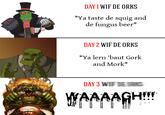DAY I WIF DE ORKS *Ya taste de squig and de fungus beer* DAY 2 WIF DE ORKS *Ya lern 'baut Gork and Mork* DAY 3 WIFE 1--5 WAAAAGH!!!