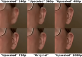 An image from Reddit that shows a pixel-doubled close-up of YouTuber Hank Green's ear in several different resolutions, all taken from the same frame.
