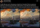 An example from artist and Twitter / X user JamrockHobo showing how the YouTube Shorts AI filter affected their artwork.