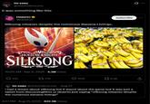 A tweet reading, "i had a dream about silksong but it wasnt about the game but it was just a tweet from discussingfilms or dexerto just saying 'silksong releases despite the numerous banana listings.' The tweet shares a mockup of the tweet.
