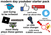 modern day youtuber starter pack Subscribe just trying to be mrbeast MINECRAFT FIVE most likely plays these games can't ever shut up about this ye olde voice changer cuts every ADHD/ADD seizure inducing editing 0.00001 seconds imgflip.com