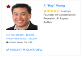 Live Fee: $30,000 - $50,000 Virtual Fee: $30,000 - $50,000 ✈ Silicon Valley, CA, USA REQUEST + QUICK VIEW R "Ray" Wang (6 ratings) Founder of Constellation Research, Al Expert, Author