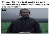 A version of the "peaceful life" meme. The meme is about upvoting Minecraft memes.