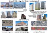 Small US city skyline starterpack Not a single new high rise since 1992 Grid pattern Most "skyscrapers" look like this Usually built for a local bank (some are abandoned) Gets a Postmodernist icon if they're lucky A few nice pre-war towers Singular residential tower is from the 70s 7005 a Goodacre Blvd 9th St 10th St Google 9th St Lubbock Memoria Civic Center 10th St 50% parking lots Stumpy parking garages Holy f------ s--- how much parking is there