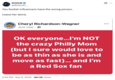 X user @0HOUR1__ tweeted, "You foolish influencers have the wrong person. Leave her alone" alongside a photo of a Facebook user named "Cheryl Richardson-Wagner" denying being Phillies Karen.
