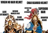 VIRGIN NO HAIR HELMET CHAD BEARDED HELMET INTERESTING AND LACK OF DIGNITY INFERIOR HAIRLESS FACE INTIMIDATING BLAND AND BORING SUPERIOR HAIR DIGNIFIED BEARD imgflip.com