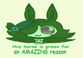 A piece of Umamusume fan art. The art reads, "this horse is green for an AMAZING reason."