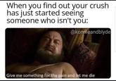 When you find out your crush has just started seeing someone who isn't you: @konnieandblyde Give me something for the pain and let me die